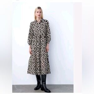 Zara Black and Cream Geometric Long Sleeve Dress